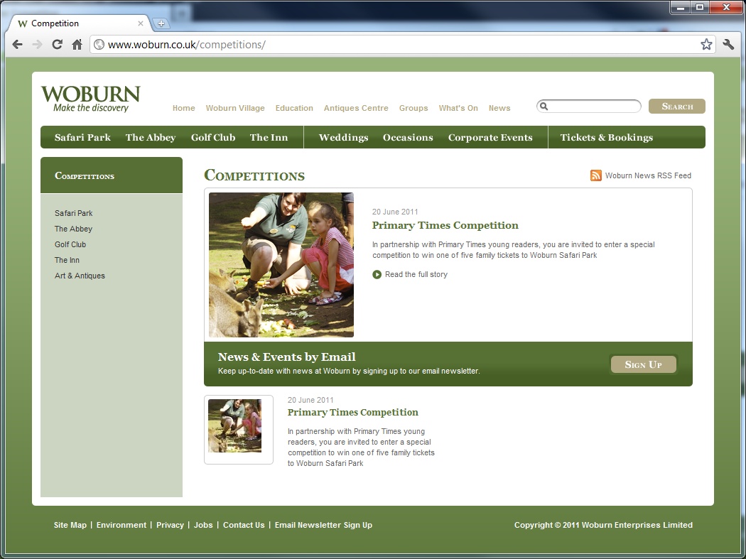 The competitions page for Woburn Safari Park
